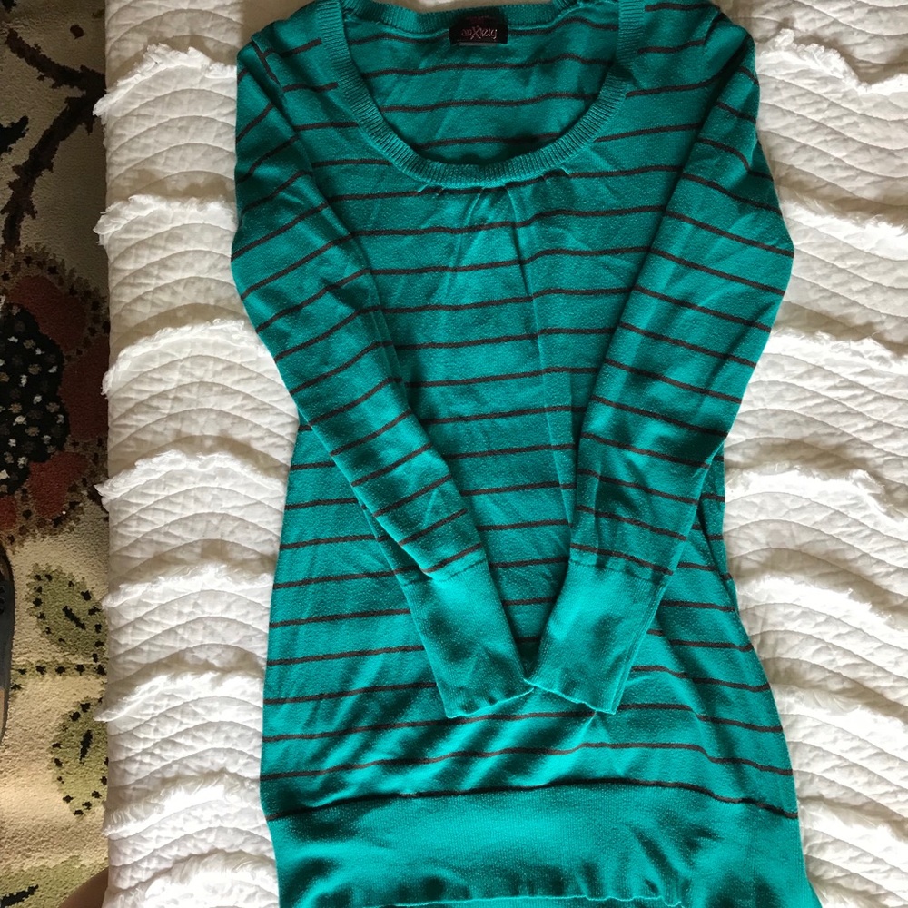 Long teal and brown sweater